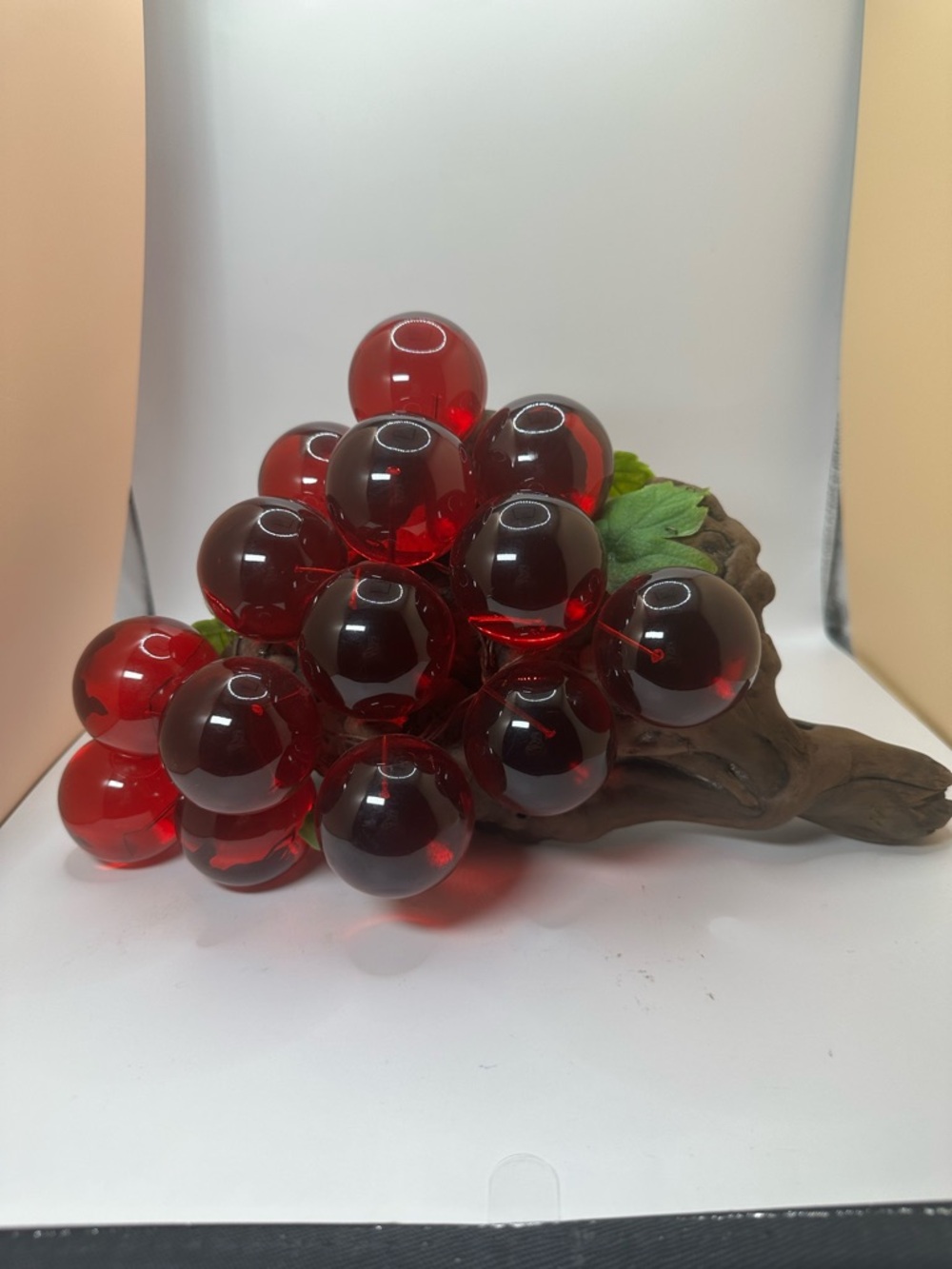 1960’s Lucite Red Grape Cluster on Wooden Base. 14 Grapes.